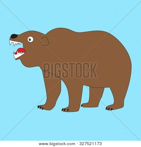 Angry Brown Bear With Open Mouth Isolated By Blue Background.