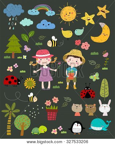 Set Of Hand Drawn Vector Nature Set. Cute Kids With Nature Icons Set In Hand Drawn Illustration.