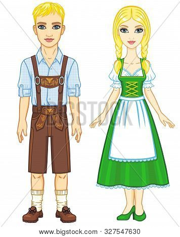 Animation Portrait Of The Bavarian Family Ancient Traditional Clothes. Full Growth. The Vector Illus