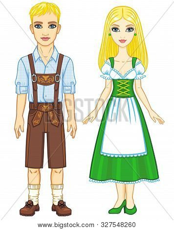 Animation Portrait Of The Bavarian Family Ancient Traditional Clothes. Full Growth. The Vector Illus
