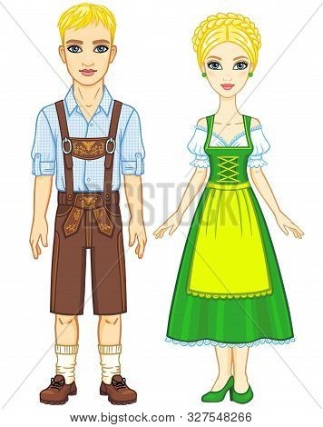 Animation Portrait Of The Bavarian Family Ancient Traditional Clothes. Full Growth. The Vector Illus