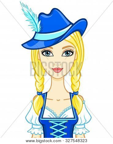 Animation Portrait Young Girl In An Ancient Bavarian Dress.vector Illustration Isolated On A White B