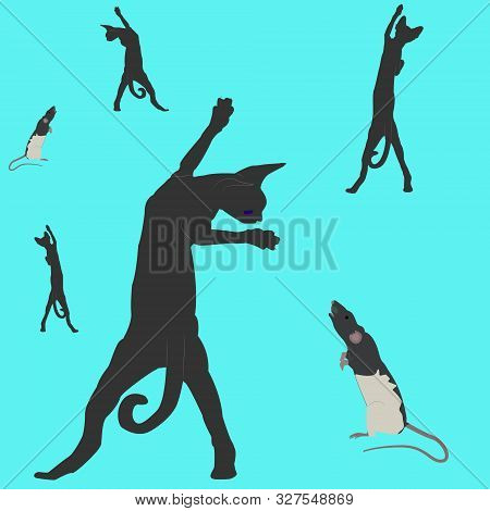 Seamless Pattern With Canadian Sphinxes And A Black And White Rat Dumbo On A Turquoise Background