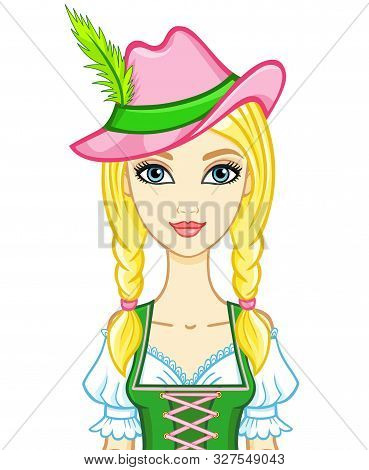 Animation Portrait Young Girl In An Ancient Bavarian Dress.vector Illustration Isolated On A White B