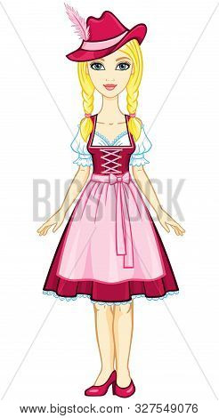 Animation Girl In Ancient Bavarian Dress And A Hat. The Vector Illustration Isolated On A White Back