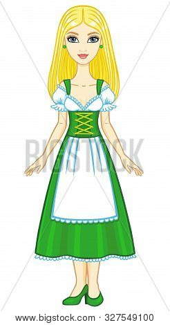 Animation Young Girl In An Ancient Bavarian Dress. Full Growth. The Vector Illustration Isolated On 