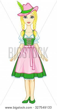 Animation Girl In Ancient Bavarian Dress And A Hat.  The Vector Illustration Isolated On A White Bac