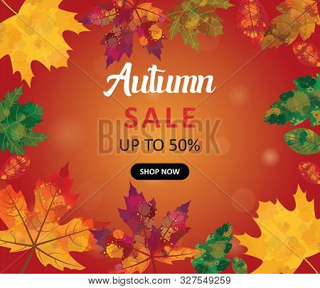 Autumn Sale Up To 50 % Banner Illustration With Watercolor Effect Leaves.autmn, Fall Orange Backgrou
