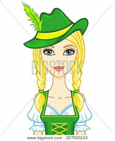 Animation Portrait Young Girl In An Ancient Bavarian Dress.vector Illustration Isolated On A White B