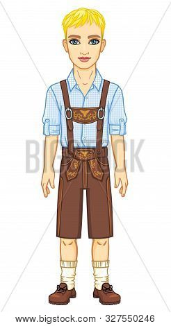 Animation Young Man Of The European Appearance In Ancient Bavarian Clothes. Full Growth. The Vector 
