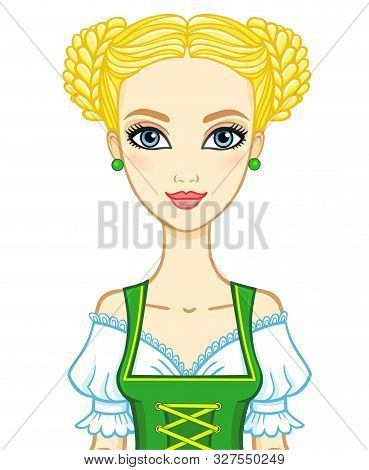 Animation Portrait Young Girl In An Ancient Bavarian Dress.vector Illustration Isolated On A White B