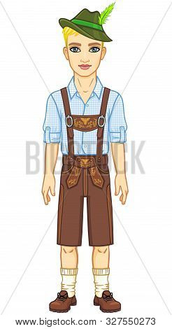 Animation Young Man In Ancient Bavarian Clothes. The Vector Illustration Isolated On A White Backgro