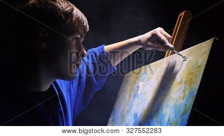 Artist Copyist Paint Seascape With Ship In Ocean. Vaper Smoke Vape E-cigarette. Craftsman Decorator 