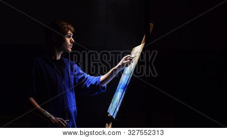 Artist Copyist Paint Seascape With Ship In Ocean. Vaper Smoke Vape E-cigarette. Craftsman Decorator 