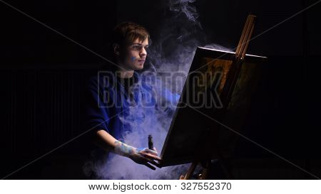 Artist Copyist Paint Seascape With Ship In Ocean. Vaper Smoke Vape E-cigarette. Craftsman Decorator 