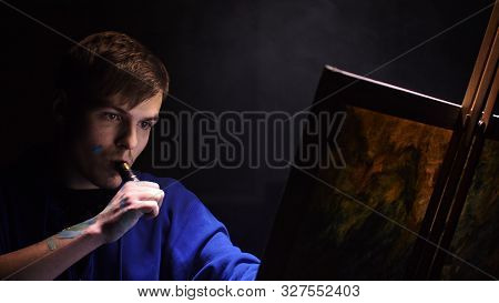 Artist Copyist Paint Seascape With Ship In Ocean. Vaper Smoke Vape E-cigarette. Craftsman Decorator 