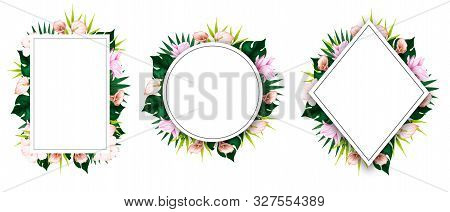 Set Of Watercolor Floral Card With Green Branchs. Hand Drawn Illustration. Wedding Frame. Bouquet Wi