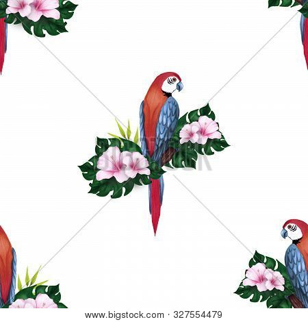 Sealess Pattern With Hand-drawn Illustration Of A Sitting On A Branch Macaw Parrot, Hibiscus, Palm T