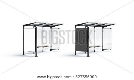 Blank Black And White Poster On Bus Stop Mock Up Set, 3d Rendering. Empty Downtown Station With Bann