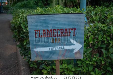 Orlando, Florida. October 5, 2019. Flamecraft Bar Sign At Seaworld 252