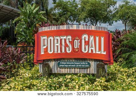 Orlando, Florida. September 21, 2019. Port Of Call Sign  At Seaworld 130