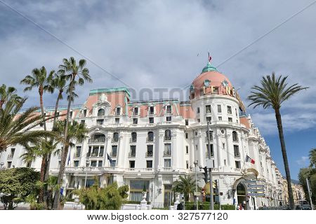 Nice, France - 28 April, 2019: Famous Luxury Negresco Hotel By Promenade Des Anglais At Mediterranea