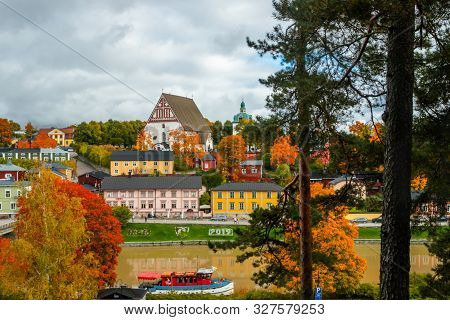 Porvoo, Finland - 2 October 2019: View Of Old Porvoo, Finland. Beautiful City Autumn Landscape With 