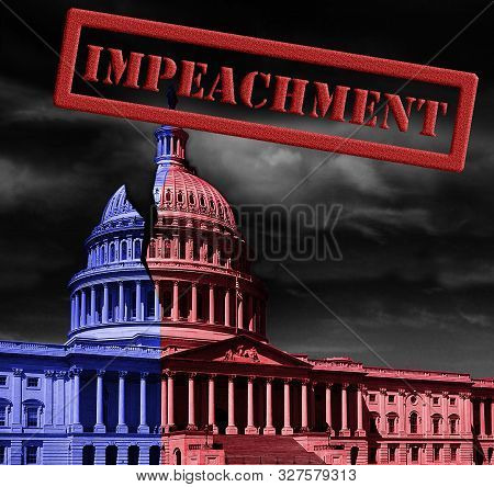The United States Capitol Building Half Red And Blue, With Impeachment Stamp Text, Representing Demo
