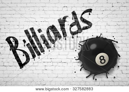 3d Rendering Of White Brick Wall With Title Billiards, And Black Billiards Ball With Number 8 Smashe