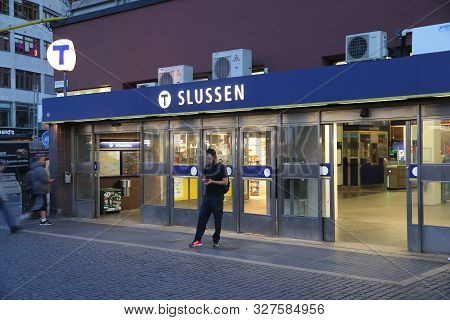Stockholm, Sweden - August 22, 2018: People Visit Slussen Station Of Stockholm Metro (t-bana) Underg