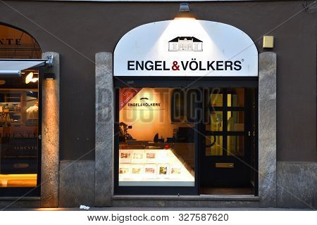 Milan, Italy, 08.04.2019: Entrance, Front Side Of Italian Franchised Office Of Engel And Völkers Ger