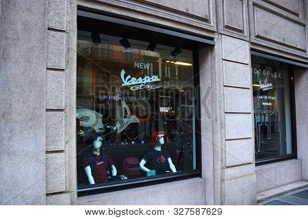 Milan, Italy, 08.04.2019: Displays Of Piaggio Motoplex Milano City Lounge, It Is Home For Coffee Sho