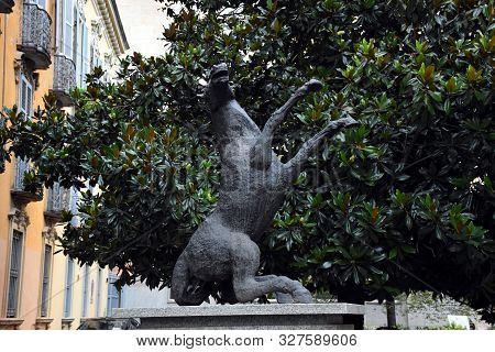 Milan, Italy, 08.04.2019: Grande Cavallo Impennato, Big Rearing Horse Bronze Sculpture By Aligi Sass
