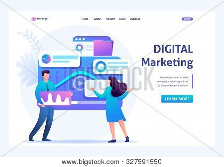 Young Entrepreneurs Insist Data For Digital Marketing, Advertising On The Internet. Flat 2d Characte