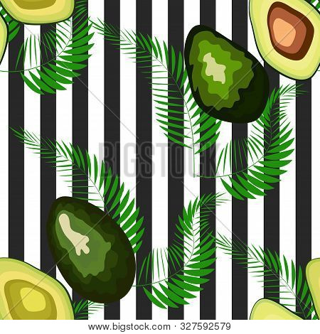 Seamless Pattern Of Avocado Fruits With Palm Leaves Dypsis Lutescens On A Striped Background.