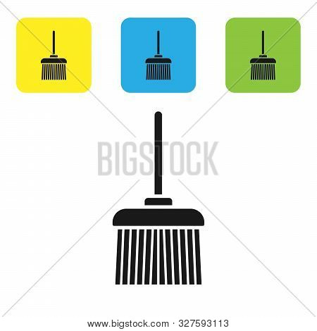 Black Handle Broom Icon Isolated On White Background. Cleaning Service Concept. Set Icons Colorful S