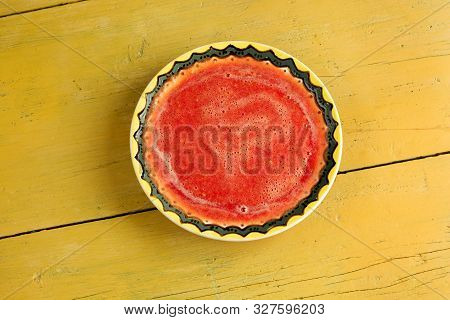 Gaspacho Gazpacho Soup In Yellow Plate. Traditional Spanish Cold Soup Puree Gaspacho Or Gazpacho On 