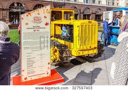 Moscow, Russia - October 08, 2019: Yellow Soviet Arable Crawler Tractor Vgtz Dt-54 On The Exhibition