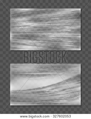 Stretched Cellophane Banner, Realistic Crumpled Or Folded Texture Vector Illustration. Clear Transpa