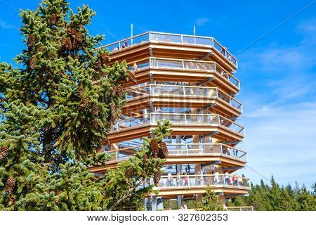 Forest Canopy Tower And Walkway, Footpath Above Treetops, Outdoor Adventure On Rogla, Slovenia