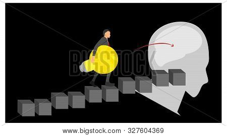 Illustration Of A Man Changing A New Bulb. Up The Steps To The Top Of The Thinking Brain. The Bulb T