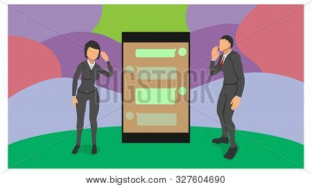 Chat Gadget Between Men And Women. Illustration Of Client Or Customer Communication In Communication