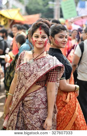 Kolkata, India - 8th October 2019; Women Participate In Sindur Khela At A Puja Pandal On The Last Da