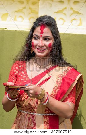 Kolkata, India - 8th October 2019; Women Participate In Sindur Khela At A Puja Pandal On The Last Da