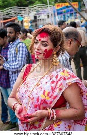 Kolkata, India - 8th October 2019; Women Participate In Sindur Khela At A Puja Pandal On The Last Da