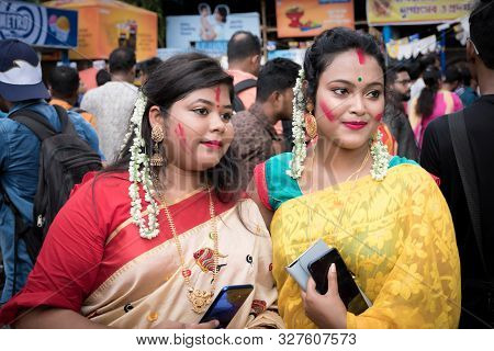 Kolkata, India - 8th October 2019; Women Participate In Sindur Khela At A Puja Pandal On The Last Da
