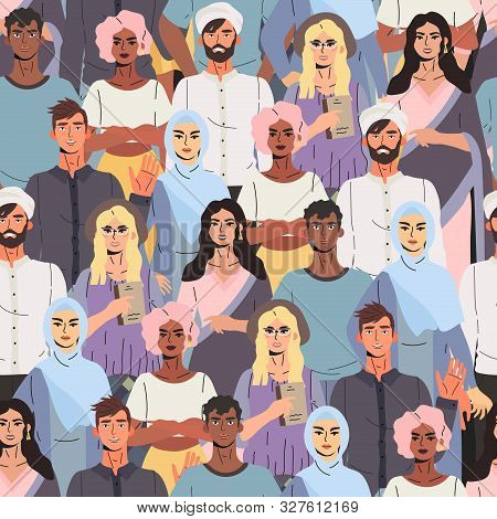 Seamless Pattern For Textile, Fabric And Wrapping Paper Print With Multicultural Multiethnic Group O