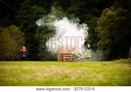 Germany, Niederstetten, Baden Wurttemberg. September 2019. Exhibition Of Young Firemans. Firefighter