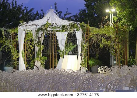 Beautiful Photo Of The Jewish Hupa , Wedding Putdoor .two Glasses And Bottle Of Wine And Glass It Is