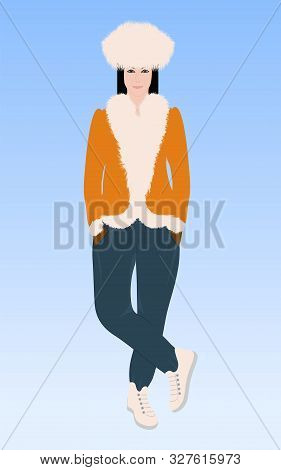 Cute Modern Girl Dressed In A Fur Hat And Jacket With Fur Trim - Illustration, Vector. Winter Clothe